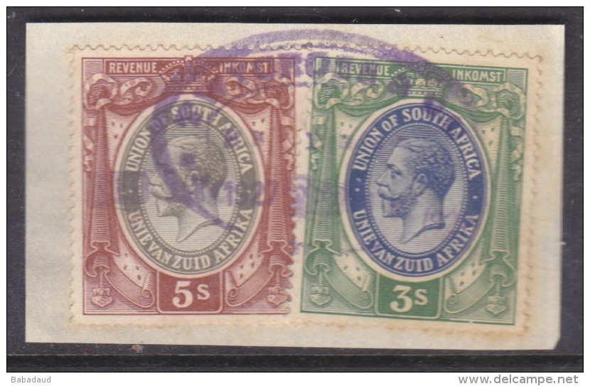 South Africa : Revenue Stamp,1913 George V 5/=, 3/= , Used 1927, On Fragment - Used Stamps