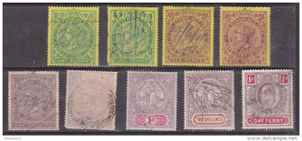 South Africa :Cape Of Good Hope 9 X  Revenue - Revenue Stamps,used; Low Denomination, Low Cat Value - Cape Of Good Hope (1853-1904)