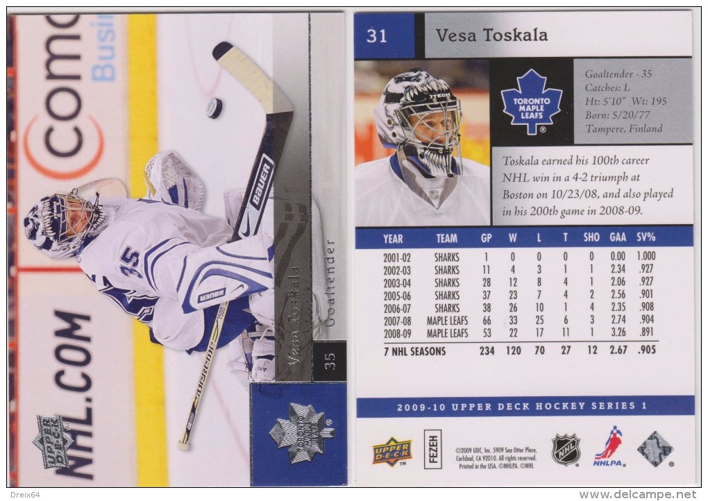 Carte Hockey Trading Card VESA TOSKALA - 2001 A 2009 CANADA  - MAPLE LEAFS TORONTO - 1990-1999