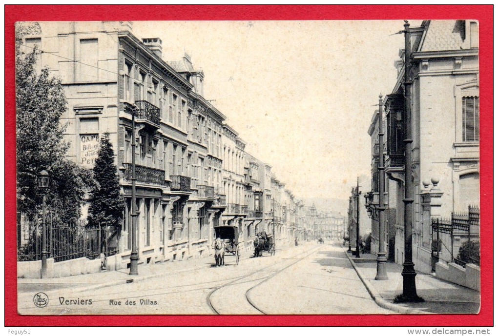 Verviers. Rue Des Villas. Café , Billards Jules Petit. Calèches. Voies De Tram. Pub. Farine Lactée Renaux - Verviers