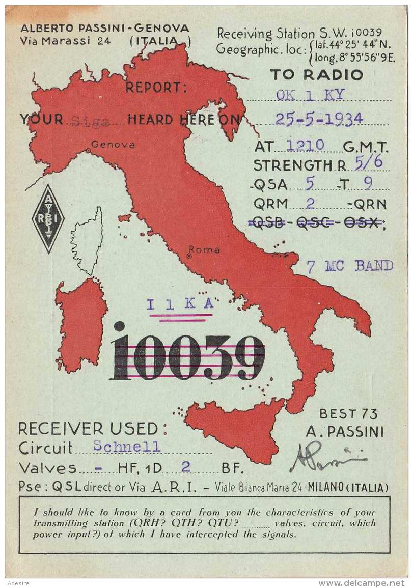 QSL Karte ALBERTO PASSINI GENOVA 1934 - Radio