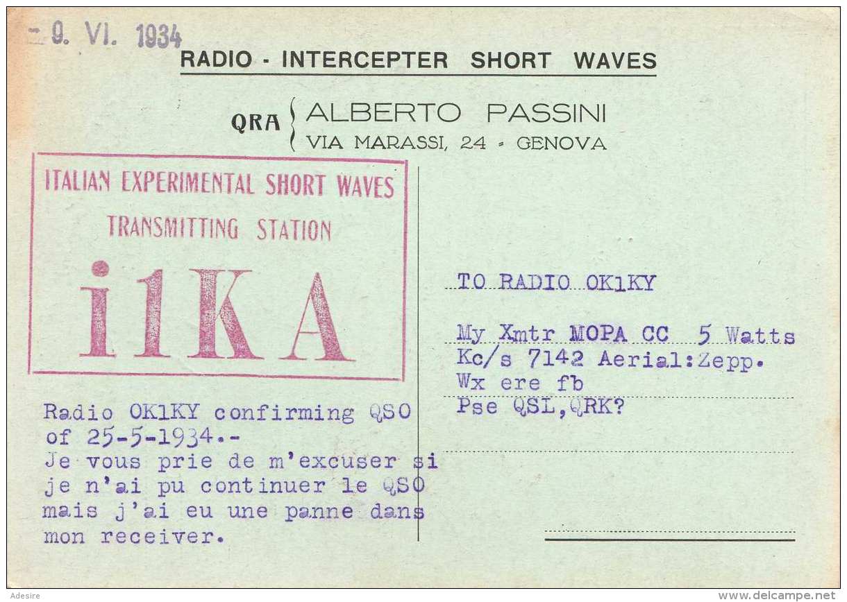 QSL Karte ALBERTO PASSINI GENOVA 1934 - Radio