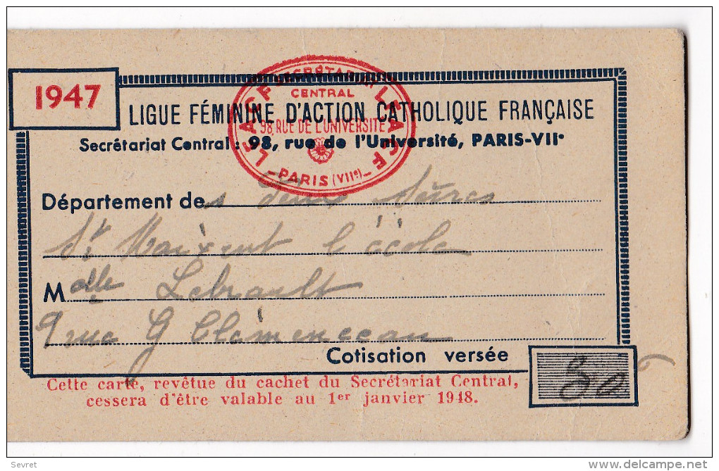 ST MAIXENT L'ECOLE. - Carte De La LIGUE FEMININE D'ACTION CATHOLIQUE FRANCAISE - Altri & Non Classificati