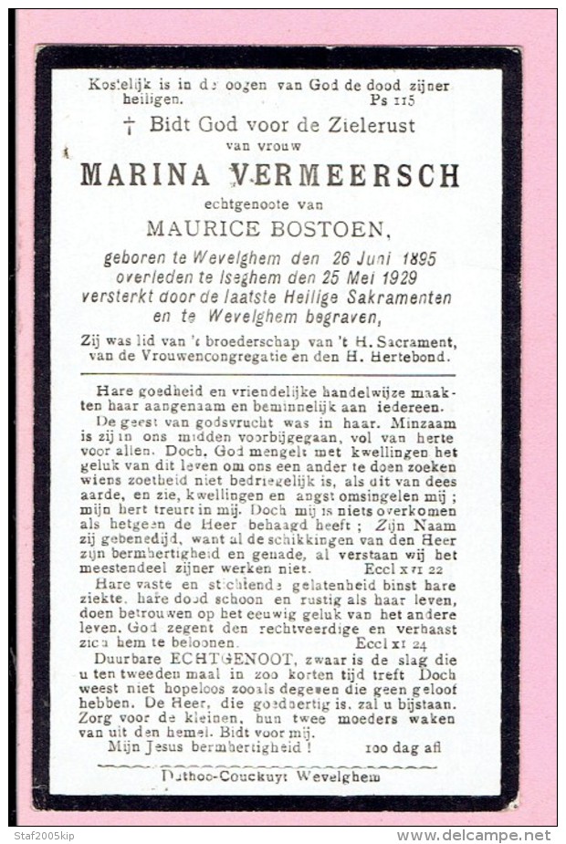 Bidprentje - MARINA VERMEERSCH Echtg. Maurice BOSTOEN - Wevelgem 1895 - Iseghem 1929 - Devotion Images