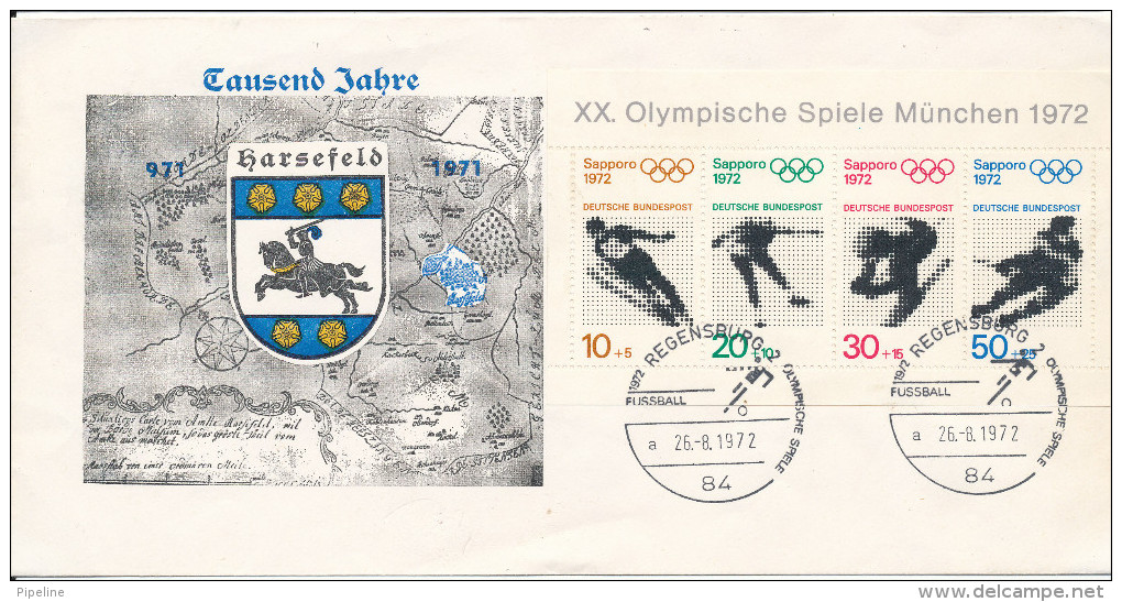 Germany Cover Regensburg Olympic Games Soccer -  Football 26-8-1972 With Cachet And Minisheet Sapporo 1972 - Winter 1972: Sapporo