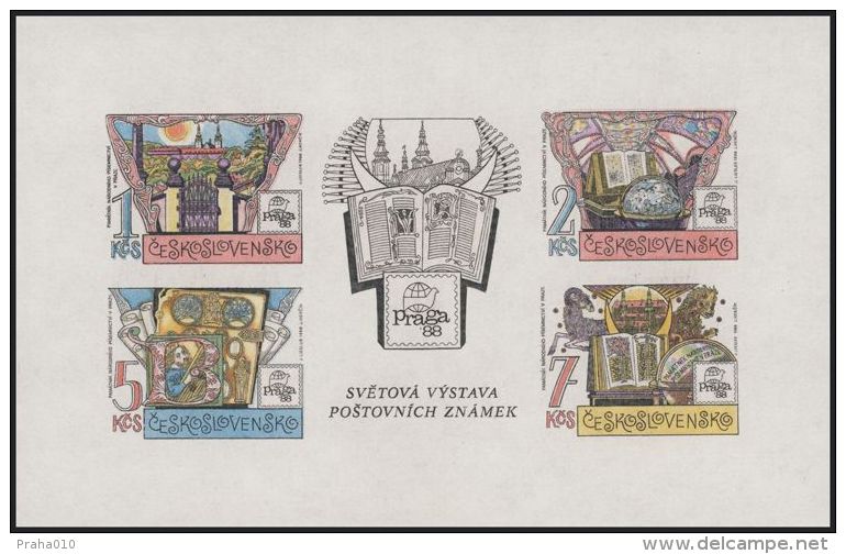 Czechoslovakia / Stamps (1988) 2846 A: Monument Of National Literature In Prague (Library, Globe) Painter Josef Liesler - Abadías Y Monasterios
