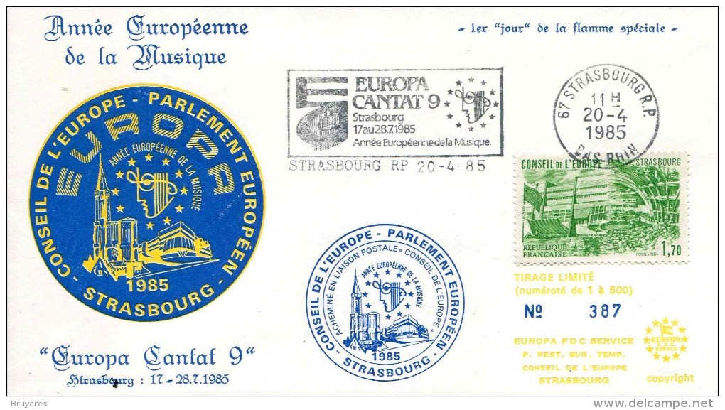 Env. De 1985 "ANNEE EUROPEENNE DE LA MUSIQUE - EUROPA CANTAT 9" - Oblt. Strasbourg 20-04-1985 - Lettres & Documents