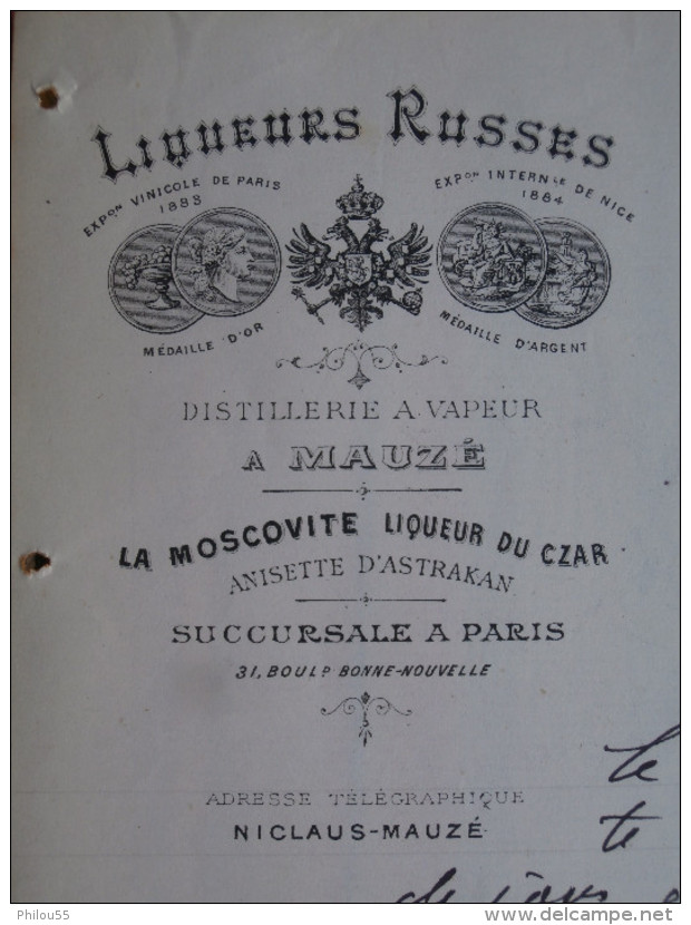 79 MAUZE 75 PARIS 2eme  Distillerie A Vapeur  NICLAUS & Co 1886 Liqueurs Russes - Factures