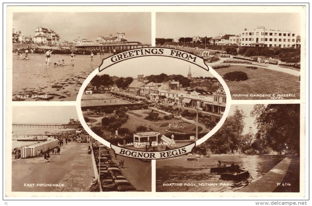 Bognor Regis Marine Gardens & Russell Hotel Boating Pool Hotham Park E Promenade W Sands Waterloo Sq Real Photo C1950 - Bognor Regis