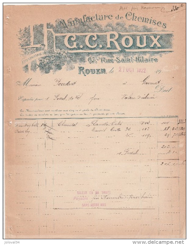 Facture 27/10/1922 G C ROUX Manufacture De Chemises ROUEN Seine Maritime - 1900 – 1949