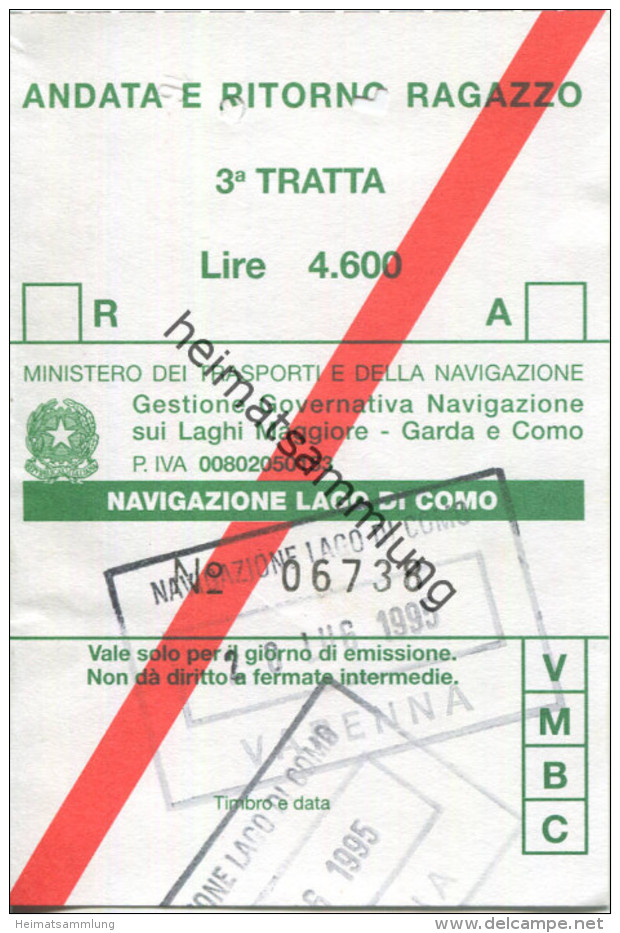 Navigazione Lago Di Como - Comer See - Fahrkarte 1995 Lire 4600 - Europa