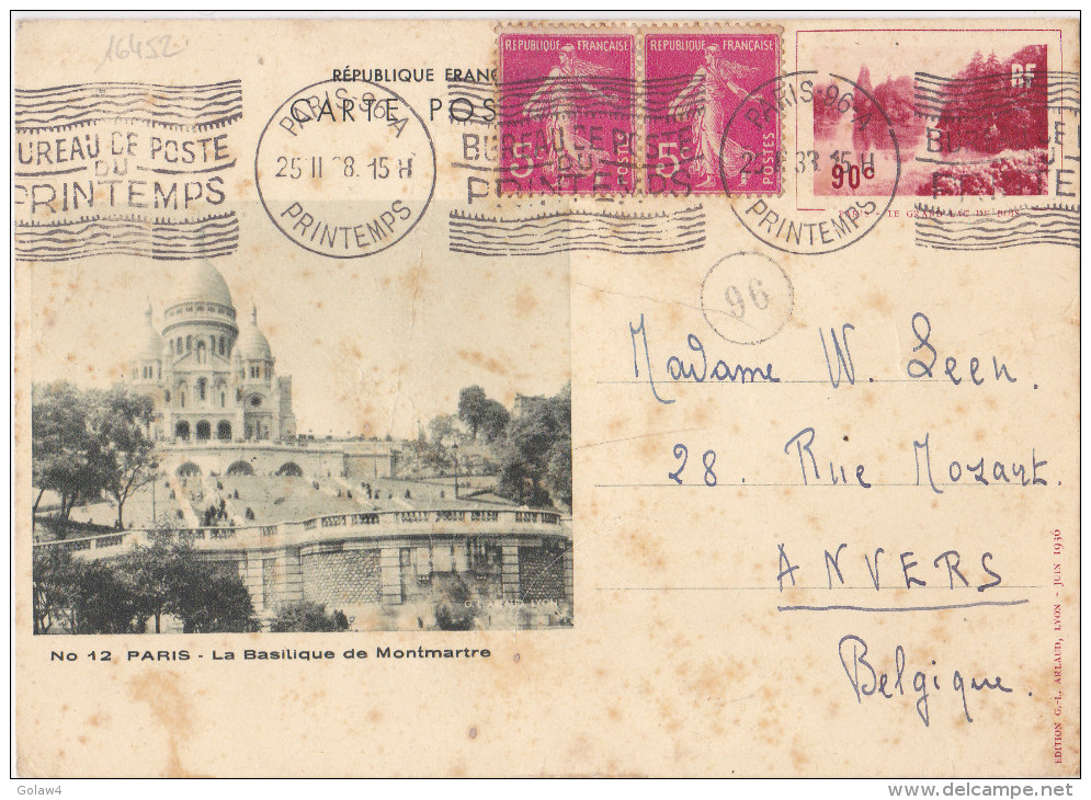 16452# ENTIER POSTAL GRAND LAC BOIS DE BOULOGNE BASILIQUE DE MONTMARTRE Obl PARIS 96-A 1938 BUREAU DE POSTE DU PRINTEMPS - Cartes Postales Types Et TSC (avant 1995)