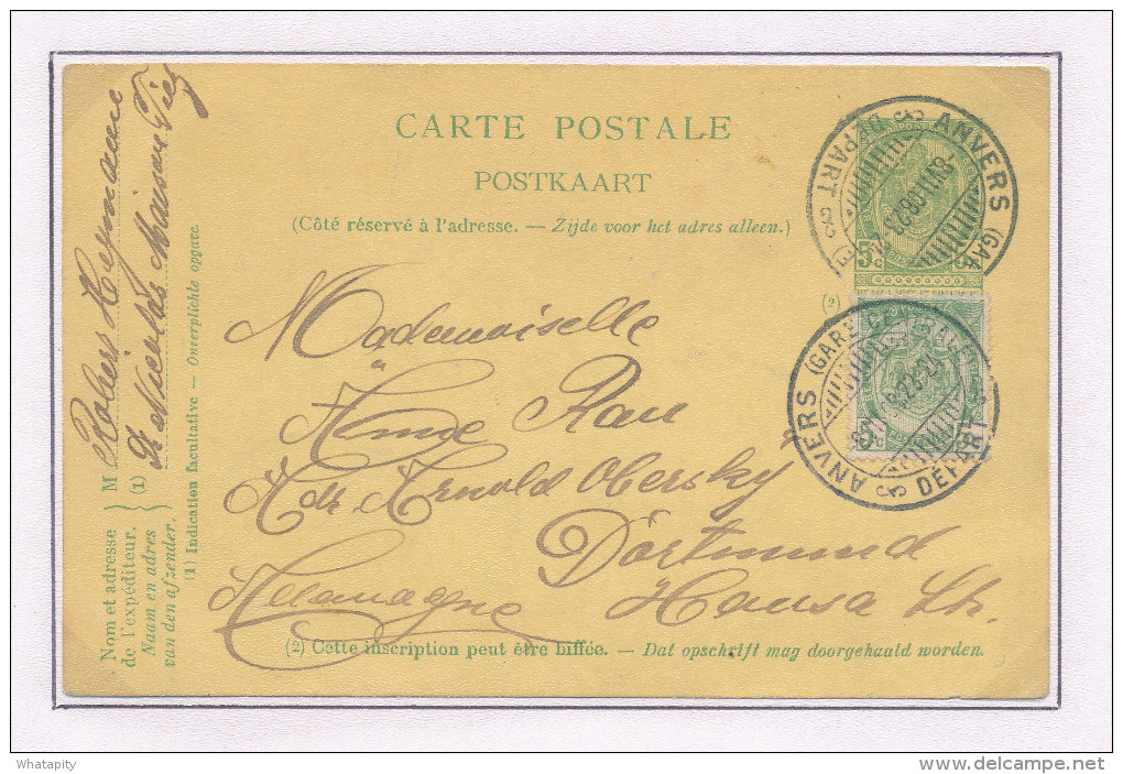 Entier Postal Armoiries + TP Dito Cachet à Pont ANVERS Gare Centrale 1908 Vers Allemagne  --  XX596 - Cartes Postales 1871-1909