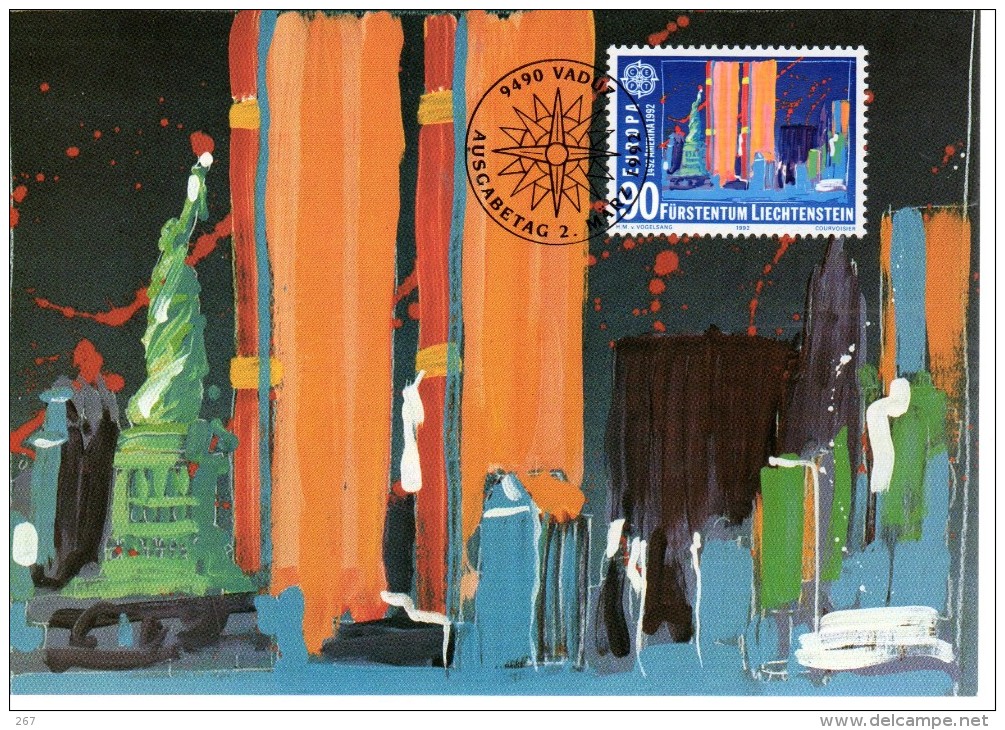 LIECHTENSTEIN  Carte Maxi  1992  Cept Europa Decouverte De L Amerique Tableaux Statue De La Liberté - Autres & Non Classés