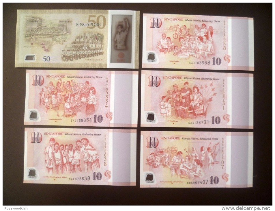 2015 SINGAPORE SG50 Polymer Commemorative Banknote $10 X 5 Plus 1 X $50 UNC Complete Set Without Folder - Singapore