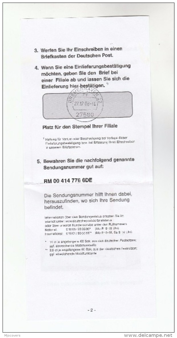 2009 REGISTERED GERMANY COVER Stamps UNESCO With ENCLOSED REGISTERED POST RECEIPT FORM Un Religion - Covers & Documents