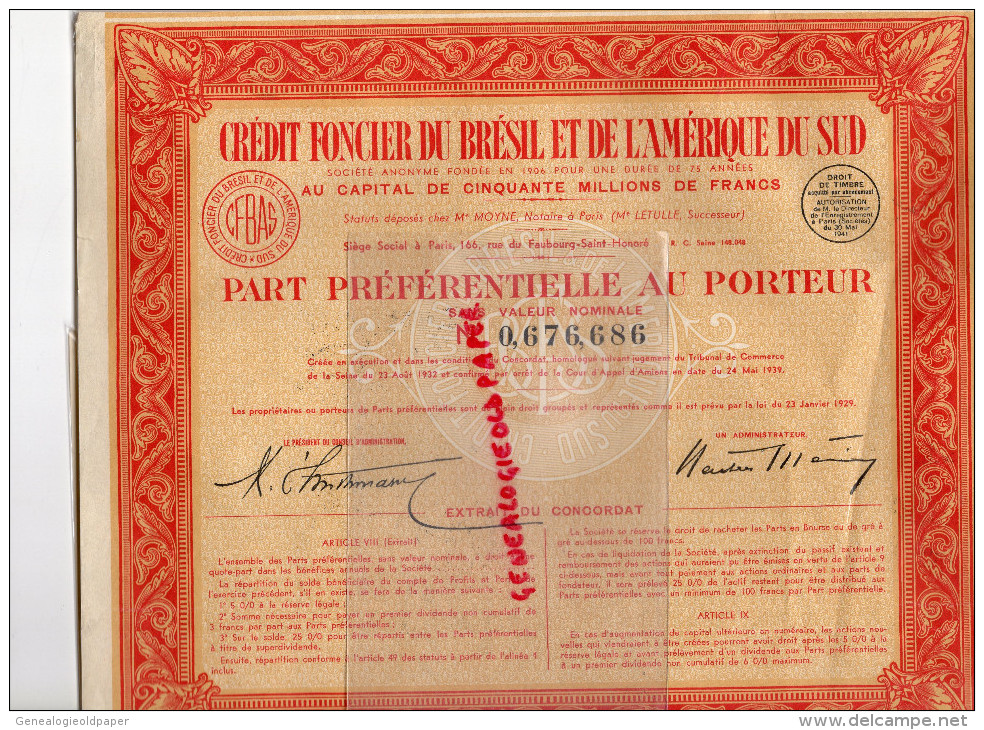 ACTIONS ET TITRES - CREDIT FONCIER DU BRESIL ET AMERIQUE SU SUD- PART AU PORTEUR- 1929- - Banque & Assurance