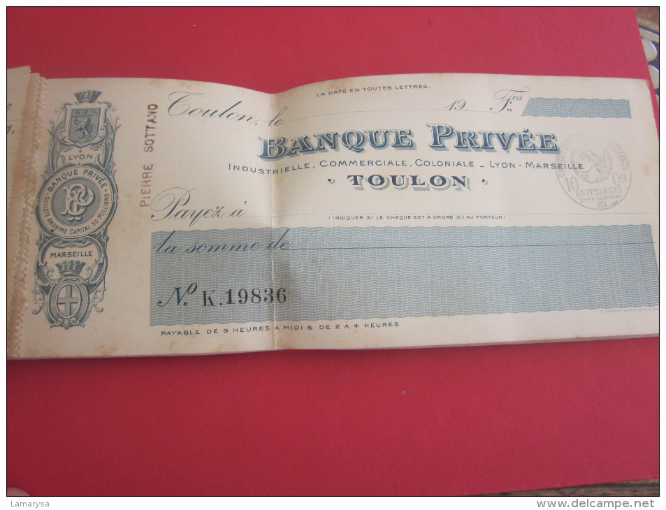 TOULON 1920 ANCIEN CARNET DE Chéques CHEQUIER BANQUE Privée INDUSTRIELLE COMMERCIALE COLONIALE LYON MARSEILLE - Cheques & Traveler's Cheques