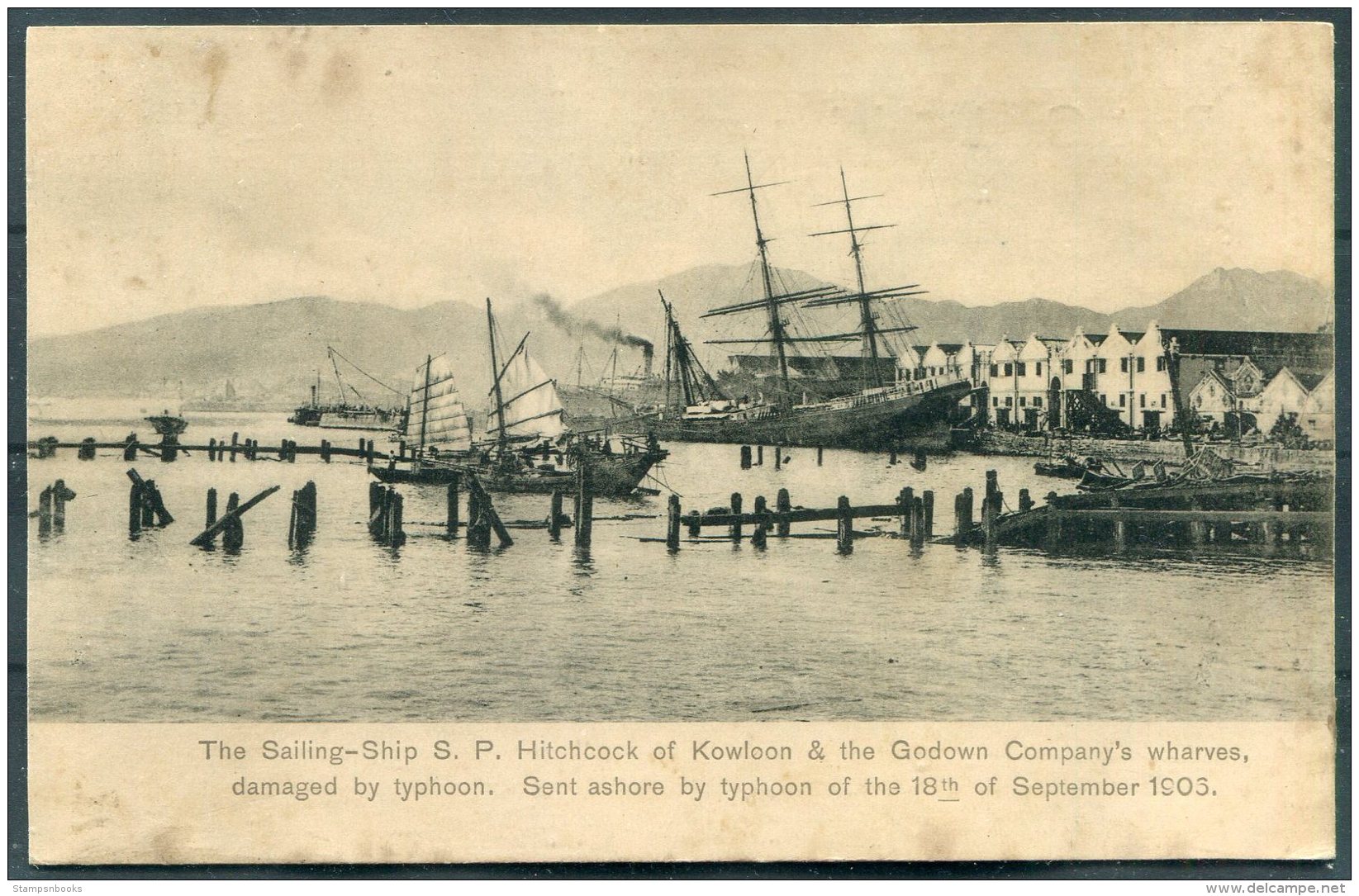 Hong Kong Kowloon Sailing Ship S.P. Hitchcock  Damaged By Typhoon 18th September 1906 Sternberg Postcard - China (Hongkong)