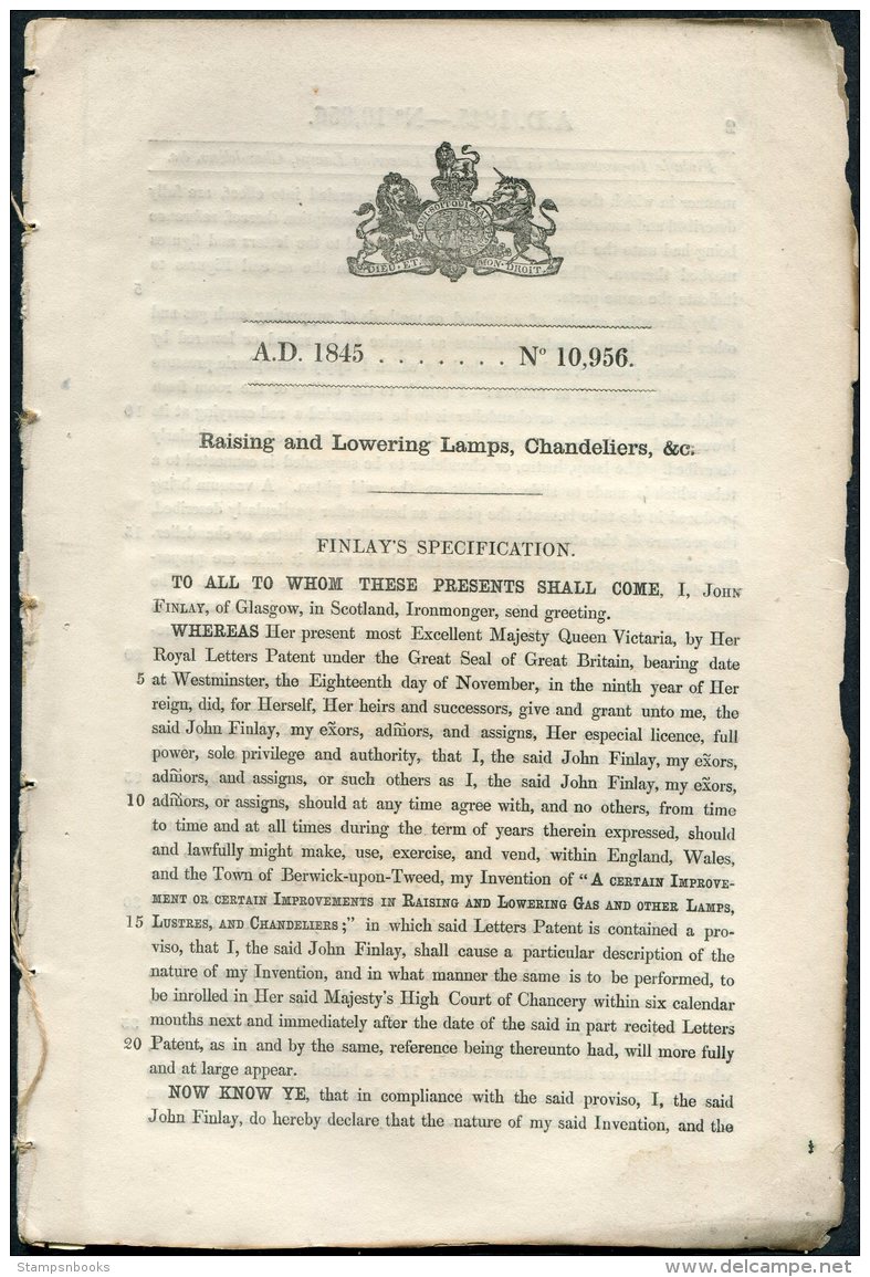 1845 Patent  Document 'Raising And Lowering Lamps, Chandeliers Etc'  John Finlay Glasgow Scotland - Décrets & Lois