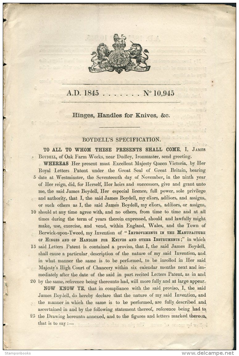 1845 Patent  Document 'Hinges, Handles For Knives' James Boydell, Oak Farm Works, Dudley - Decrees & Laws