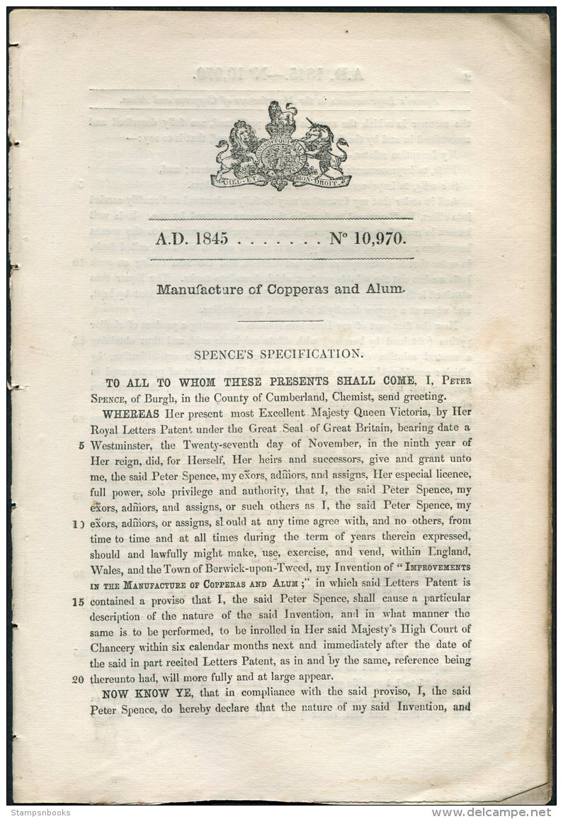 1845 Patent  Document 'Manufacture Of Copperas And Alum' Peter Spence, Chemist, Burgh, Cumberland - Décrets & Lois