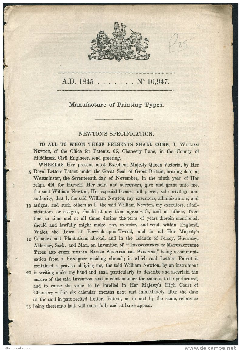 1845 Patent  Document 'Manufacture Of Printing Types' William Newton - Décrets & Lois