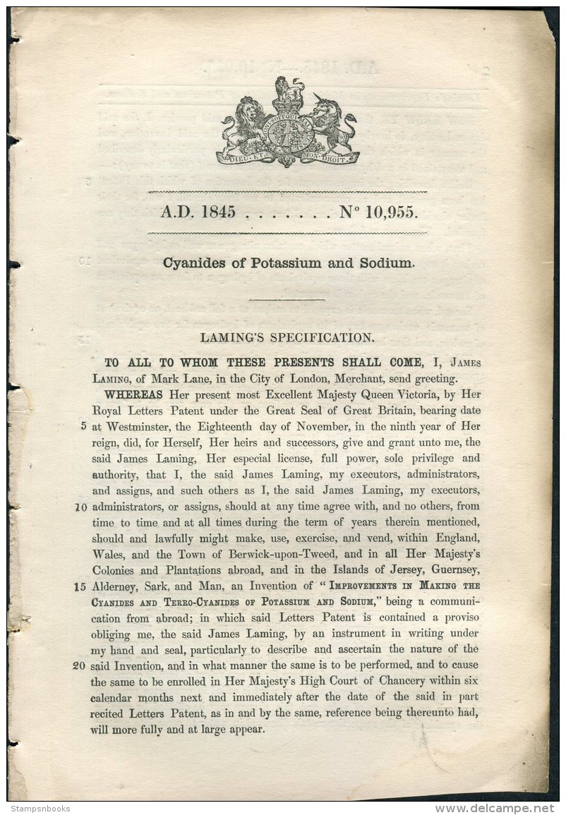 1845 Patent  Document 'Cyanides Of Potassium And Sodium' James Laming, Mark Lane, City Of London - Décrets & Lois