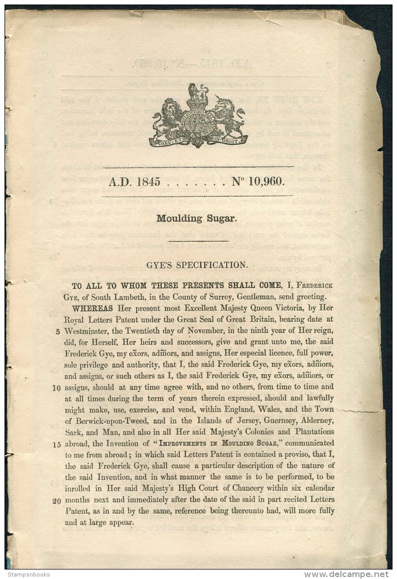 1845 Patent  Document 'Moulding Sugar' Frederick Gye, South Lambeth, Surrey - Décrets & Lois