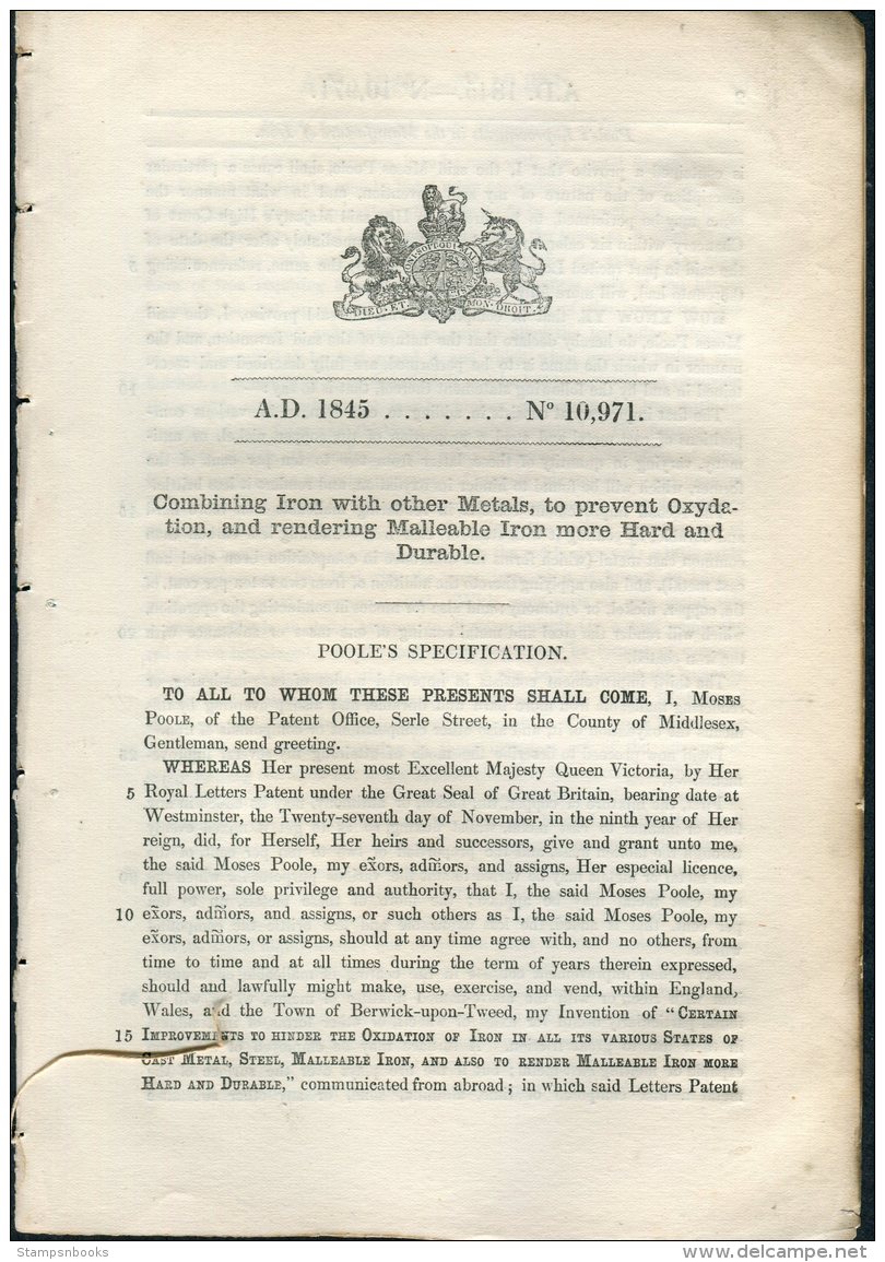 1845 Patent  Document ' Combining Iron With Other Metals ........ Moses Poole - Décrets & Lois