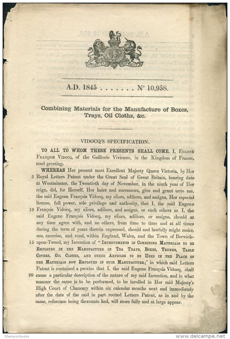 1845 Patent  Document ' Combining Materials For The Manufacture Of Boxes, Trays, Oil Clothes Etc' Eugene F. Vidoc France - Décrets & Lois