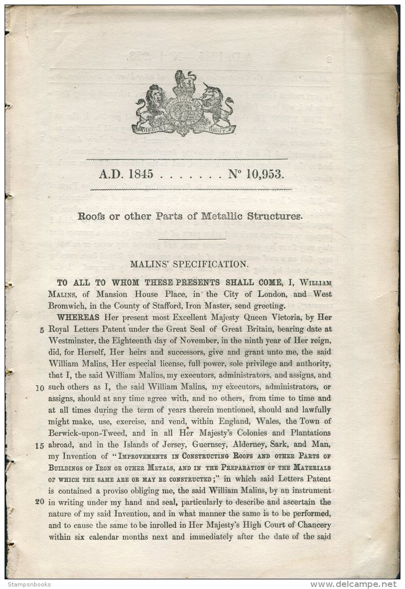 1845 Patent  Document ' Roofs Or Other Parts Of Metallic Structures' William Malins, West Bromwich, Stafford - Décrets & Lois