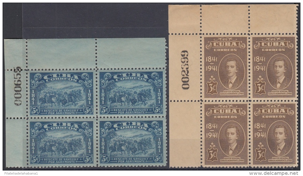 1942-175 CUBA REPUBLICA. 1942. Ed.353-54. IGNACIO AGRAMONTE MNH ORIGINAL GUM. BLOCK 4. NUMBER OF SHEET. - Nuevos