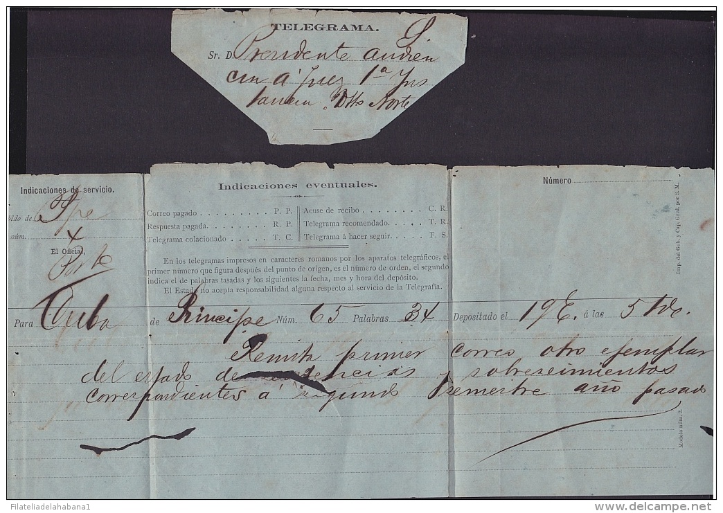 TELEG-200 CUBA  ESPAÑA SPAIN. TELEGRAFO TELEGRAMA TELEGRAPH. CIRCA 1890. - Telegraph