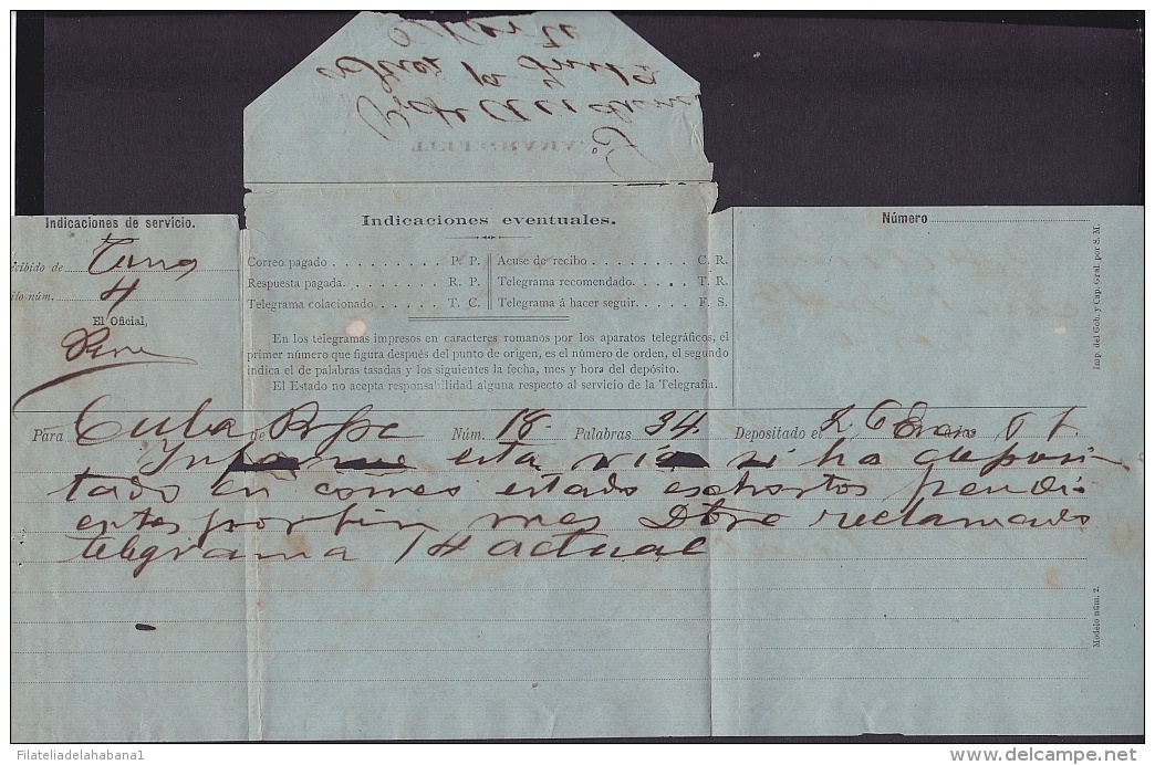 TELEG-201 CUBA  ESPAÑA SPAIN. TELEGRAFO TELEGRAMA TELEGRAPH. CIRCA 1890. - Telegraph