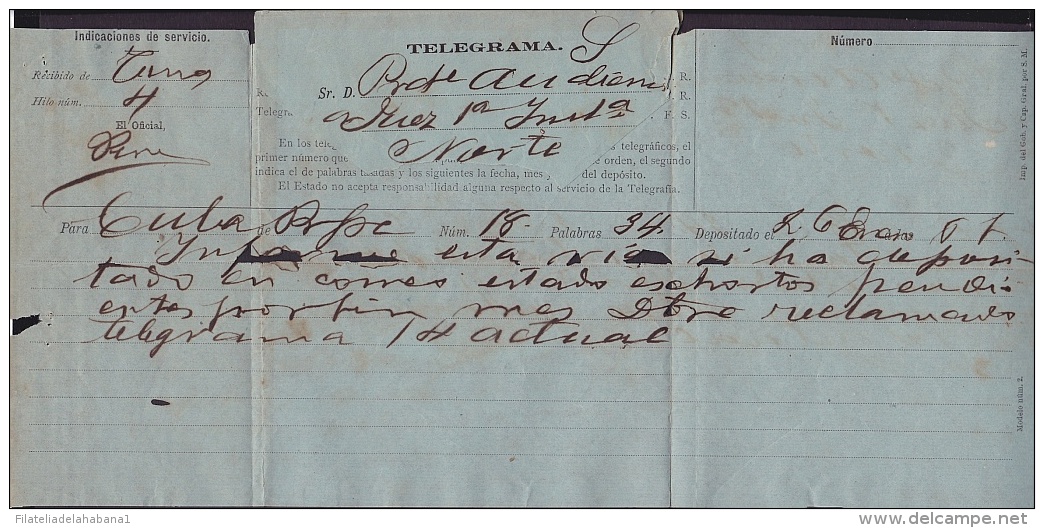 TELEG-201 CUBA  ESPAÑA SPAIN. TELEGRAFO TELEGRAMA TELEGRAPH. CIRCA 1890. - Telegraph