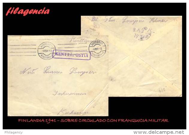 PIEZAS. FINLANDIA. ENTEROS POSTALES. SOBRE CIRCULADO 1941. SOBRE CON FRANQUICIA MILITAR II GUERRA MUNDIAL - Militärmarken