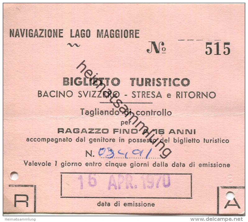 Schweiz - Navigazione Lago Maggiore - Bacino Svizzero Stresa E Ritorno - Kinderfahrkarte 1970 - Europe