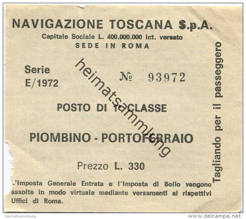 Navigazione Toscana S.p.A. - Piombino Portoferraio - Fahrschein 1972 1. Classe L. 330 - Europa