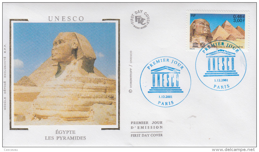 Enveloppe  FDC  1er  Jour    Les  PYRAMIDES  D' EGYPTE   UNESCO  2001 - Egyptologie