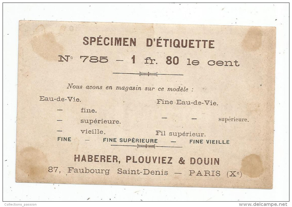 Specimen D'étiquette N° 785 , Haberer , Plouviez & Douin , FINE SUPERIEURE , 2 Scans - Autres & Non Classés