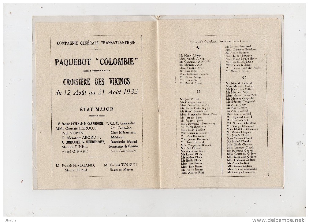 Paquebot "Colombie".Croisiere Des Vikings. 1933.Liste Des Passagers.Menus.Courrier.Excursions Etc.... - Steamers