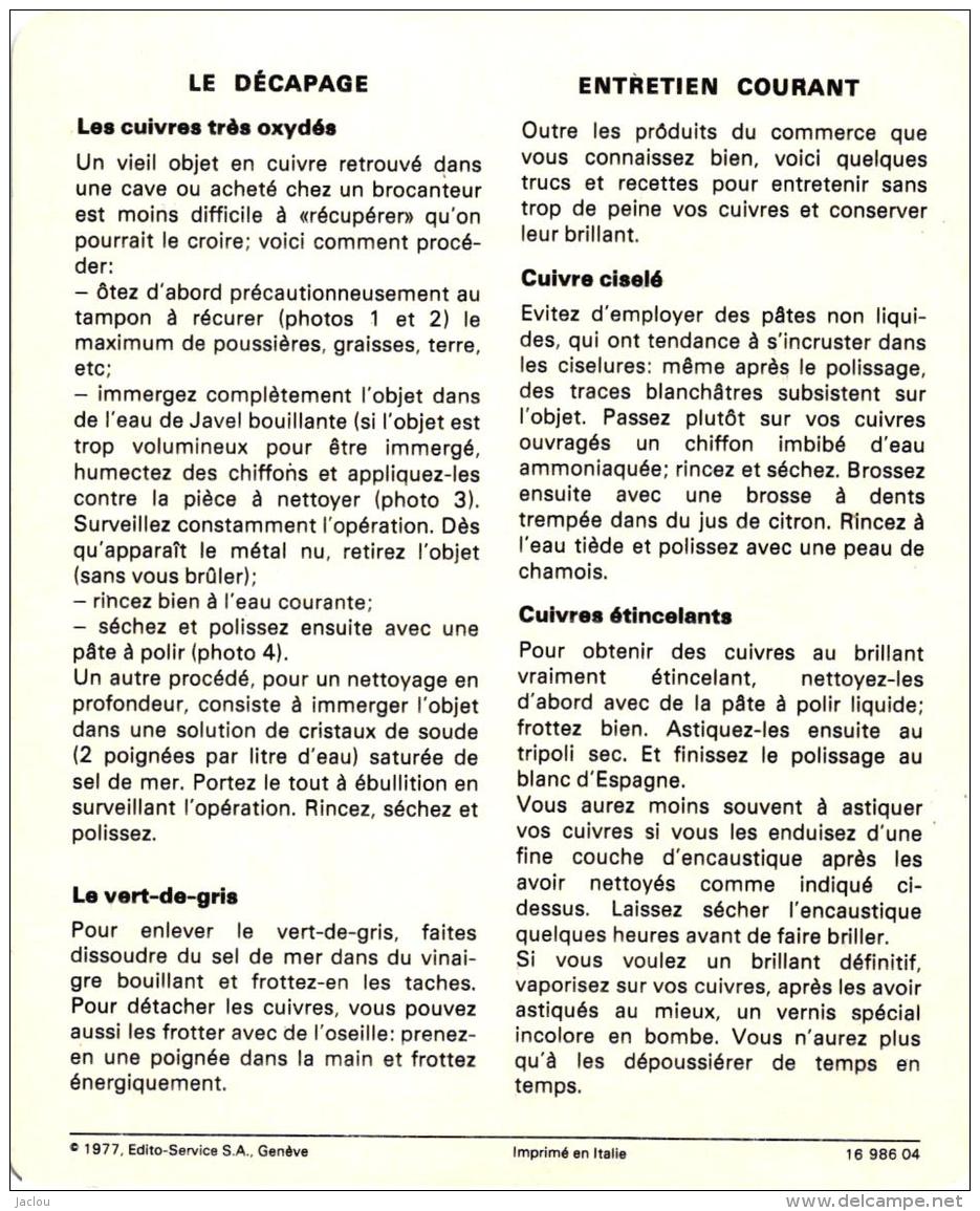 FICHE ENTRETIEN LES OBJETS ,LES CUIVRES   REF 48171 - Autres & Non Classés