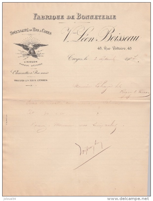 Lettre 3/9/1907 Vve Léon BOISSEAU Bonneterie TROYES Aube - Bas  à Cotes Marque L'Aiglon -  Chaussettes - 1900 – 1949