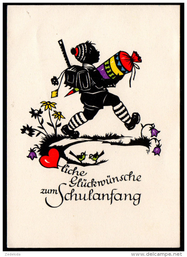 5853 - Alte Glückwunschkarte - Schulanfang Scherenschnitt  Zückertüte - Reichenbach DDR 1957 - MDT - Einschulung