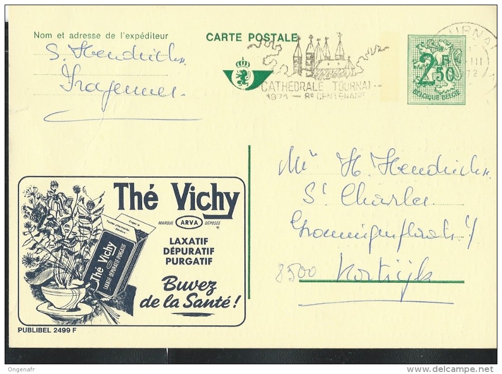 Publibel Obl. N° 2499  ( Thé Vichy; Laxatif,) Obl: Tournai + Belle Flamme : Cathédrale 8* Centenaire - Publibels