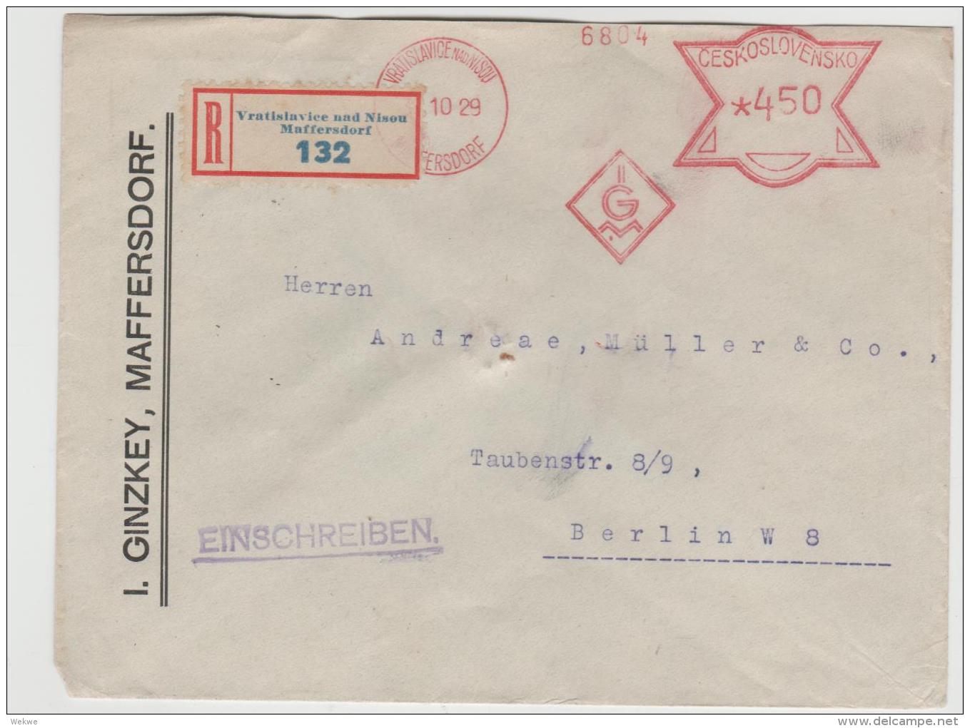 TSC007 /TSCHECHOSLOWAKEI -  Maffersdorf, Firmenbrief Per Einschreiben 1929 Nach Berlin Mit Frankostempel - Briefe U. Dokumente