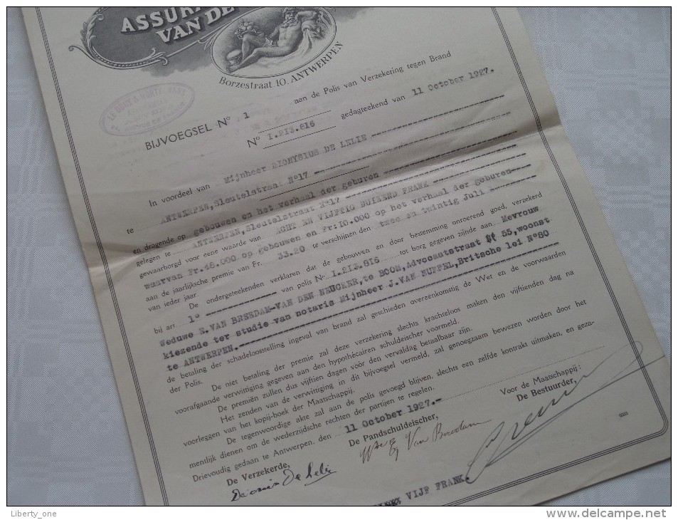 ASSURANTIE COMPAGNIE Van De SCHELDE N° 1.213.816 Bijvoegsel BRAND Verzekering 1927 ( Zie Foto Voor Details ) ! - Autres & Non Classés