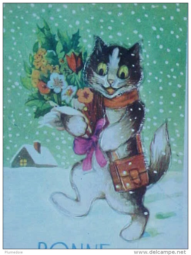 Cpa  CHAT Humanisé Dans La NEIGE , BONNE ANNEE , FLEURS ,dressed  CAT KITTEN In Snow  Recto Verso Prix Fixe - Animaux Habillés