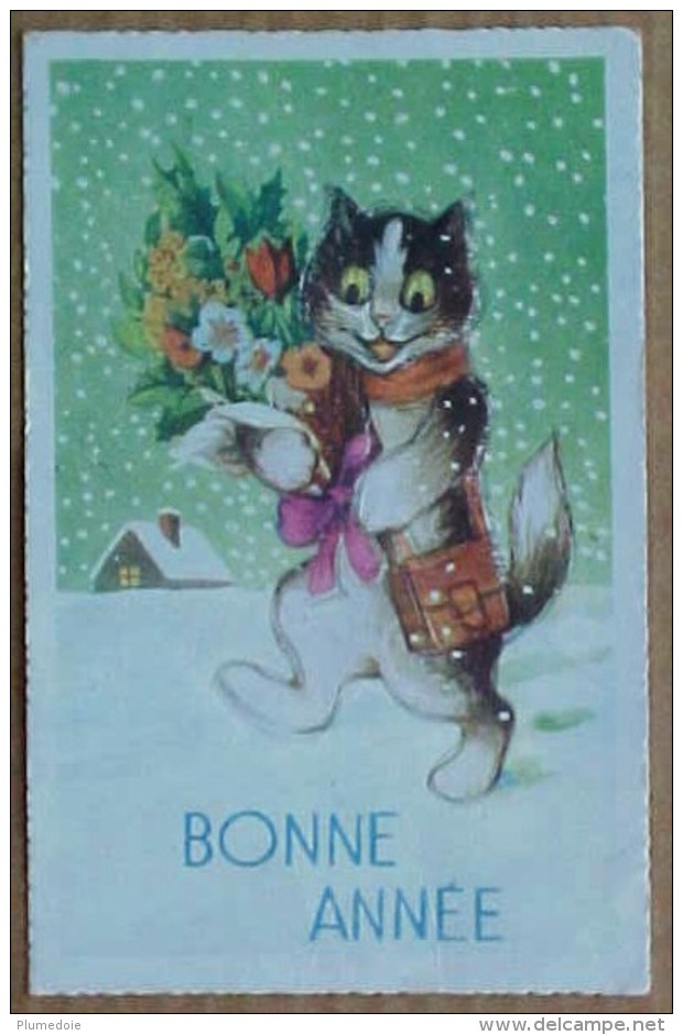 Cpa  CHAT Humanisé Dans La NEIGE , BONNE ANNEE , FLEURS ,dressed  CAT KITTEN In Snow  Recto Verso Prix Fixe - Animaux Habillés